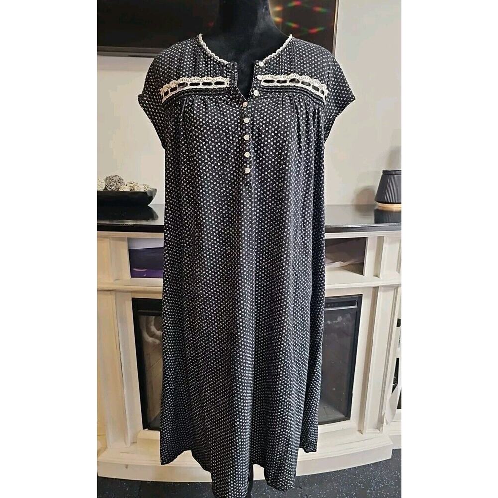Eileen West Nightgown Womens Large Black Short Sleeve Quarter Button Sleepwear